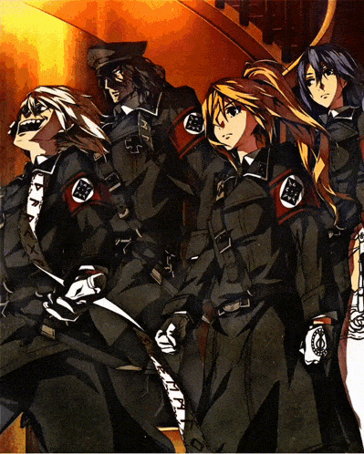 a group of anime characters are standing next to each other and one of them has a symbol on her arm