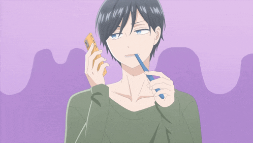 a cartoon of a man brushing his teeth while holding a phone