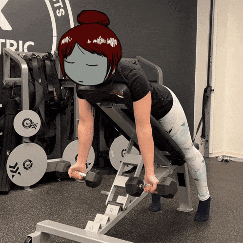 a woman is lifting a dumbbell on a bench in front of a sign that says " tric "