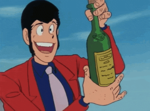 a cartoon character is holding a green bottle with a yellow label that says ' bottle ' on it