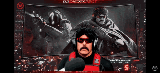 a man with a mustache is wearing headphones in front of a screen that says dr disrespect