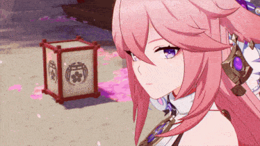 a girl with pink hair and blue eyes stands next to a lantern