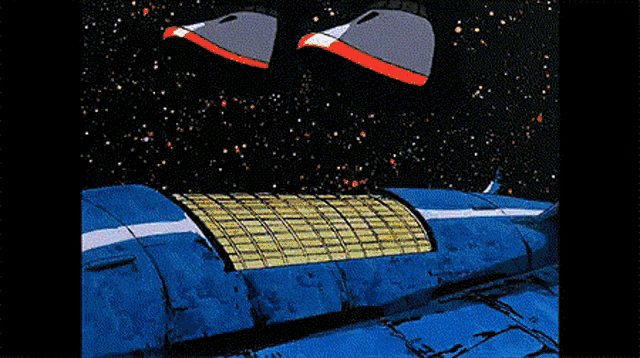 a cartoon drawing of a robot 's feet on a blue ship