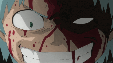 a cartoon character with blood on his face is smiling