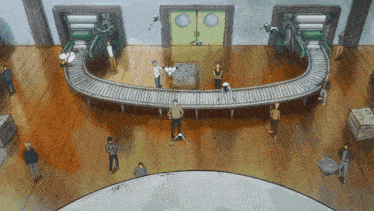 a bunch of people are standing around a conveyor belt