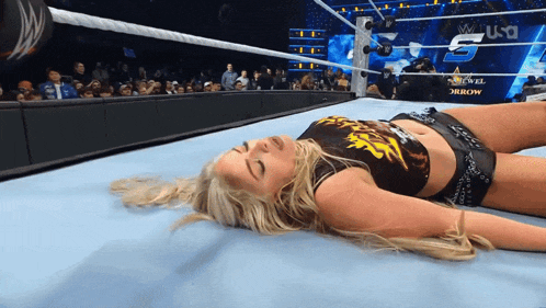 a woman is laying on the floor in a wrestling ring with a sign that says usa on it