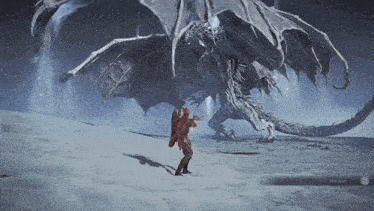 a screenshot of a video game shows a man standing in front of a dragon