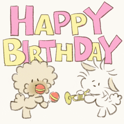 a happy birthday greeting card with a rabbit playing a trumpet