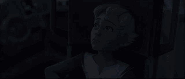 a cartoon character is sitting in the dark and looking up .