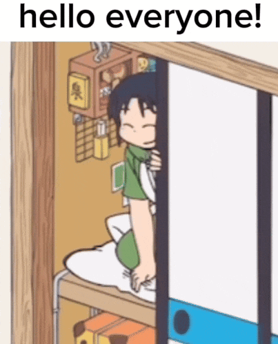 a cartoon of a person sitting on a bed with the words hello everyone below it