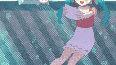 a girl with blue hair is holding a piece of paper in her hands
