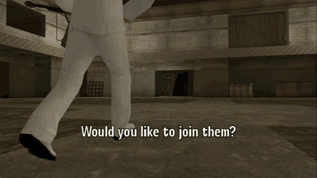 a man in a white suit is walking in a room with the words " would you like to join them " on the bottom