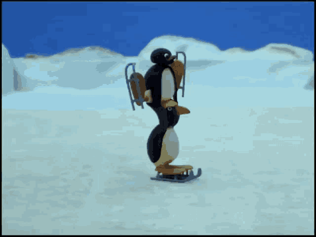 a cartoon penguin is carrying two sleds on his back