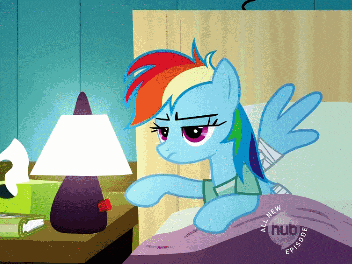 rainbow dash is laying in bed with a bandaged arm