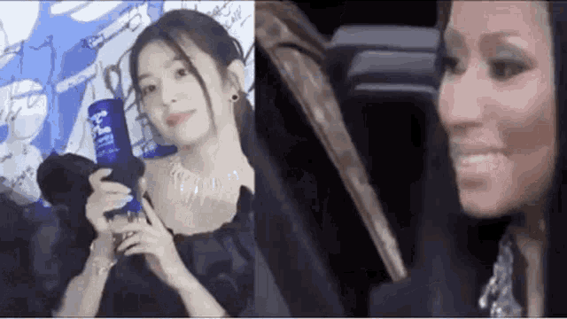 a woman in a black dress is holding a can of soda and a woman in a black dress is holding a cup .