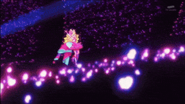 a girl with blonde hair and blue eyes is dancing in front of a tv screen that says " tv asahi "