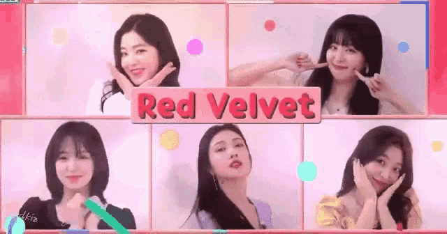 a group of young women are posing for a picture with the words `` red velvet '' above them .