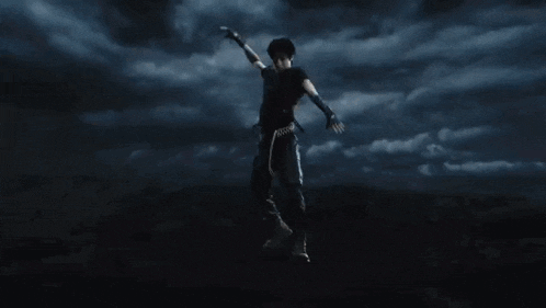 a person riding a horse in the dark with a lightning bolt coming down