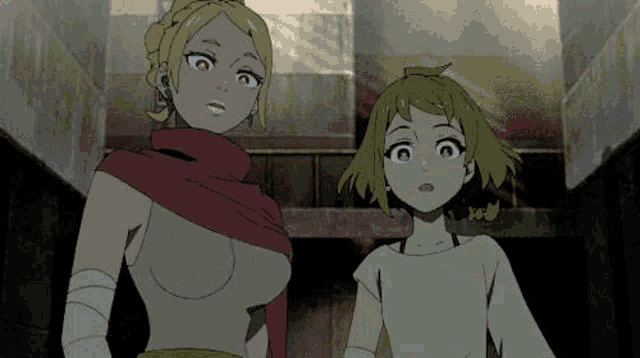 two anime girls are standing next to each other in a dark room looking at something .