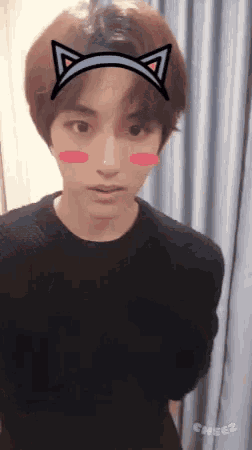 a young man wearing a cat ear mask and a black sweater .