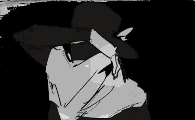 a black and white drawing of a person wearing a hat covering their face .
