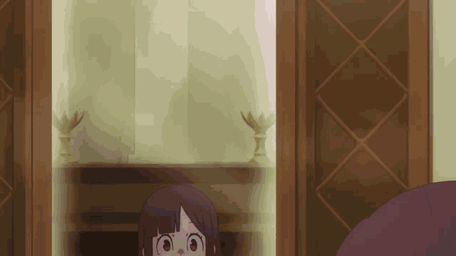 a girl with purple hair is standing in front of a door