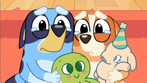 a cartoon of three dogs with one wearing a party hat holding a baby