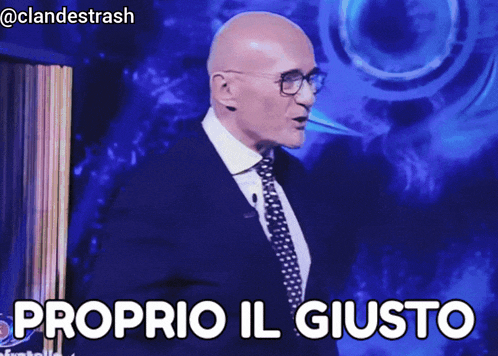 a bald man in a suit and tie stands in front of a blue background and says proprio il giusto
