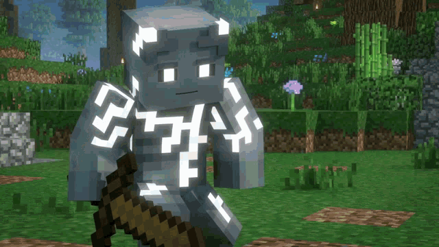 a minecraft character is holding a sword in a grassy field
