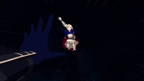 a cartoon character is being held up by a hand