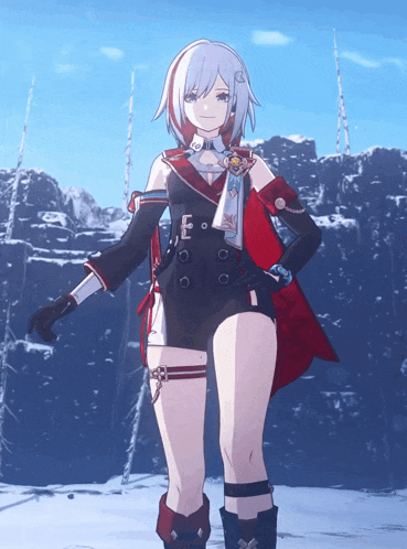 a girl with white hair and a red cape stands in front of a snowy mountain