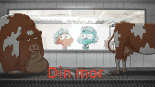 two cows are standing in front of a window with the word din mor in red letters