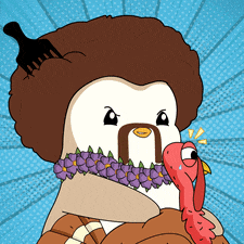 a cartoon of a penguin holding a turkey with purple flowers around its neck