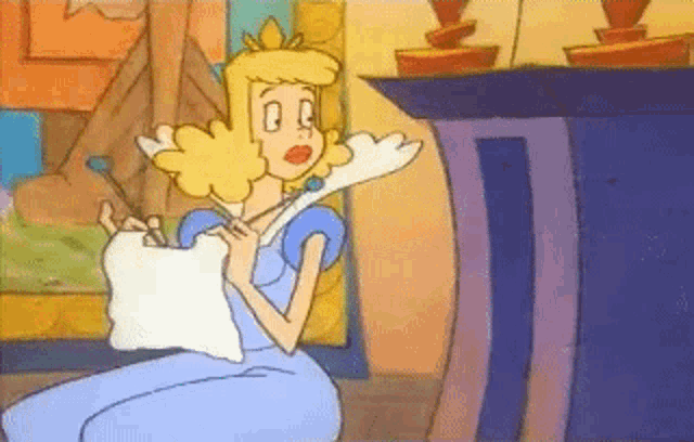a cartoon of a princess holding a piece of paper in her hands .