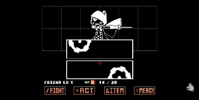 a black and white screenshot of a video game with a character in a hood standing in a square .