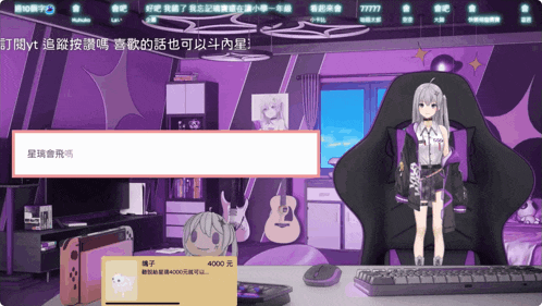 a purple room with a girl standing in front of a keyboard and a guitar