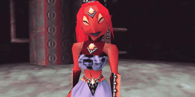 a cartoon character with a red head and a purple top