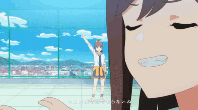 a cartoon of a girl with her fist in the air and another girl with her eyes closed
