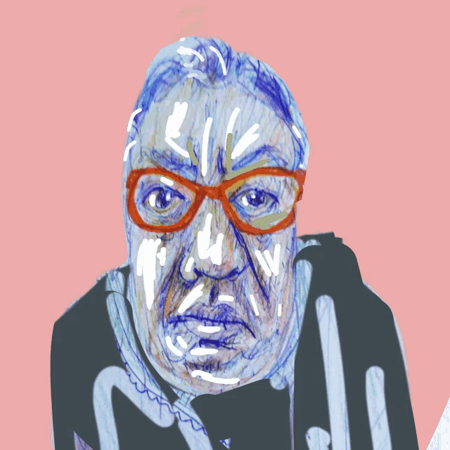 a drawing of a woman wearing red glasses and a blue shirt