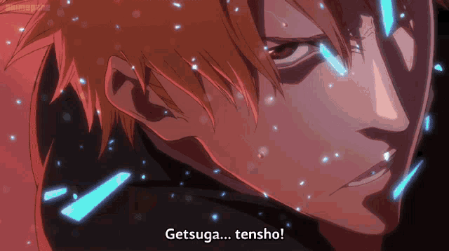 a close up of a person 's face with the words getsuga tensho