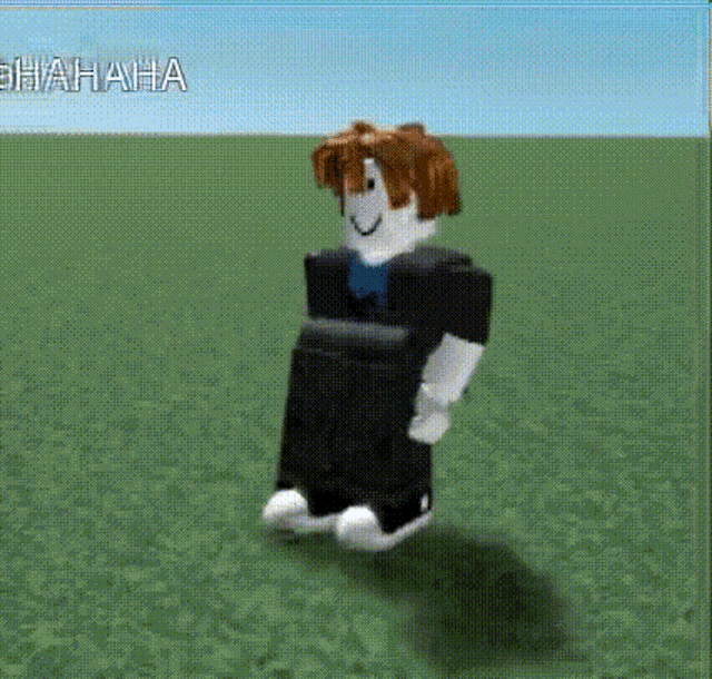 a roblox character is standing on a grassy field with his legs crossed .