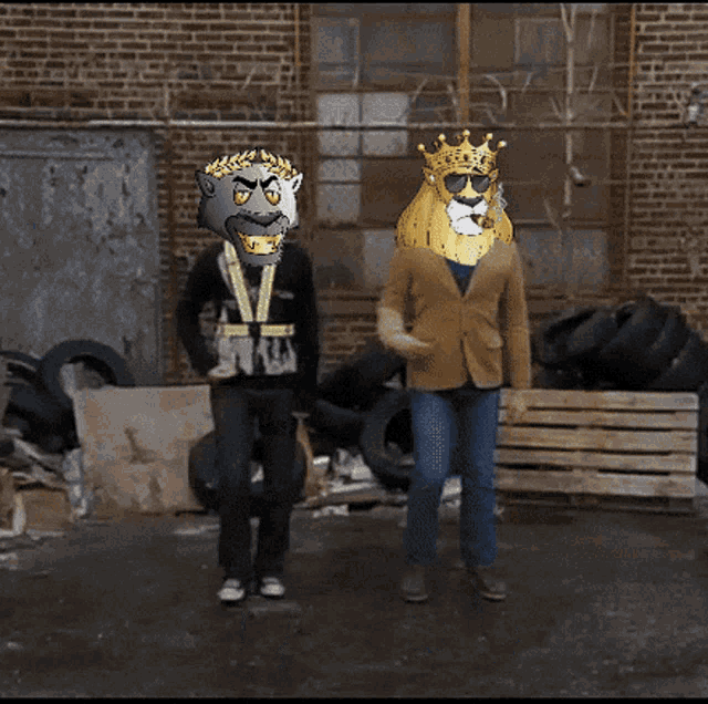 a man wearing a lion mask and a man wearing a king mask