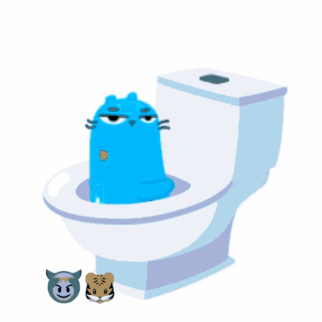 a blue cat is sitting in a toilet next to a purple devil and a tiger