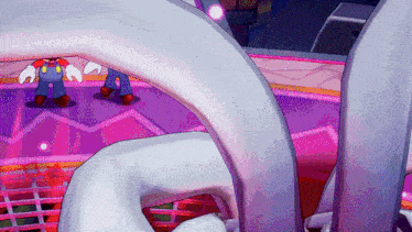 a cartoon character is standing on a purple surface