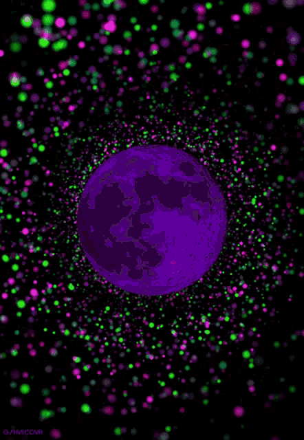 a purple moon is surrounded by pink and green dots on a black background