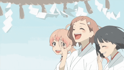 three anime girls are standing next to each other and smiling at the camera