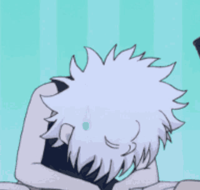 a close up of a cartoon character with white hair making a funny face