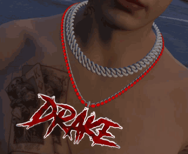 a man is wearing a necklace that says drake