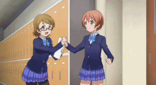 two anime girls standing next to each other in a hallway with lockers
