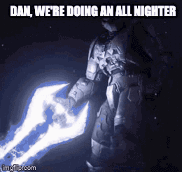 a video game character is holding a lightning sword with the caption dan we 're doing an all nighter
